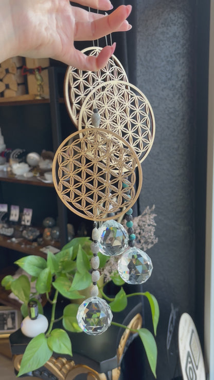Sonnenfänger Lebensblume mit Rosenquarz & Lavastein